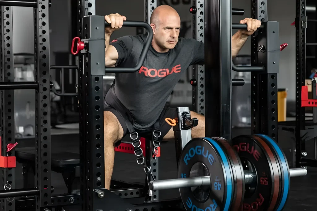 workout in gym with belt squat machine