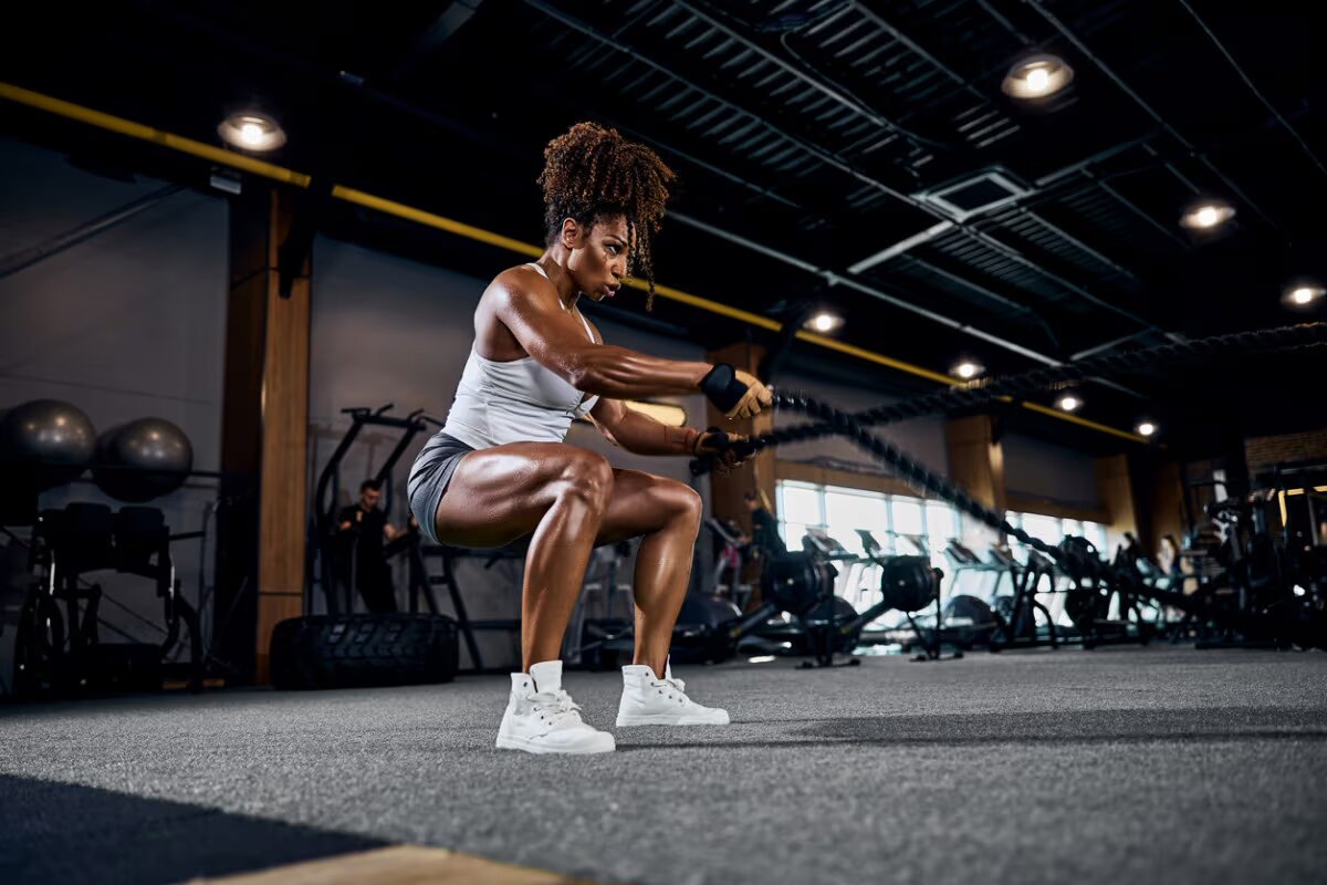 athlete woman exercises with rope