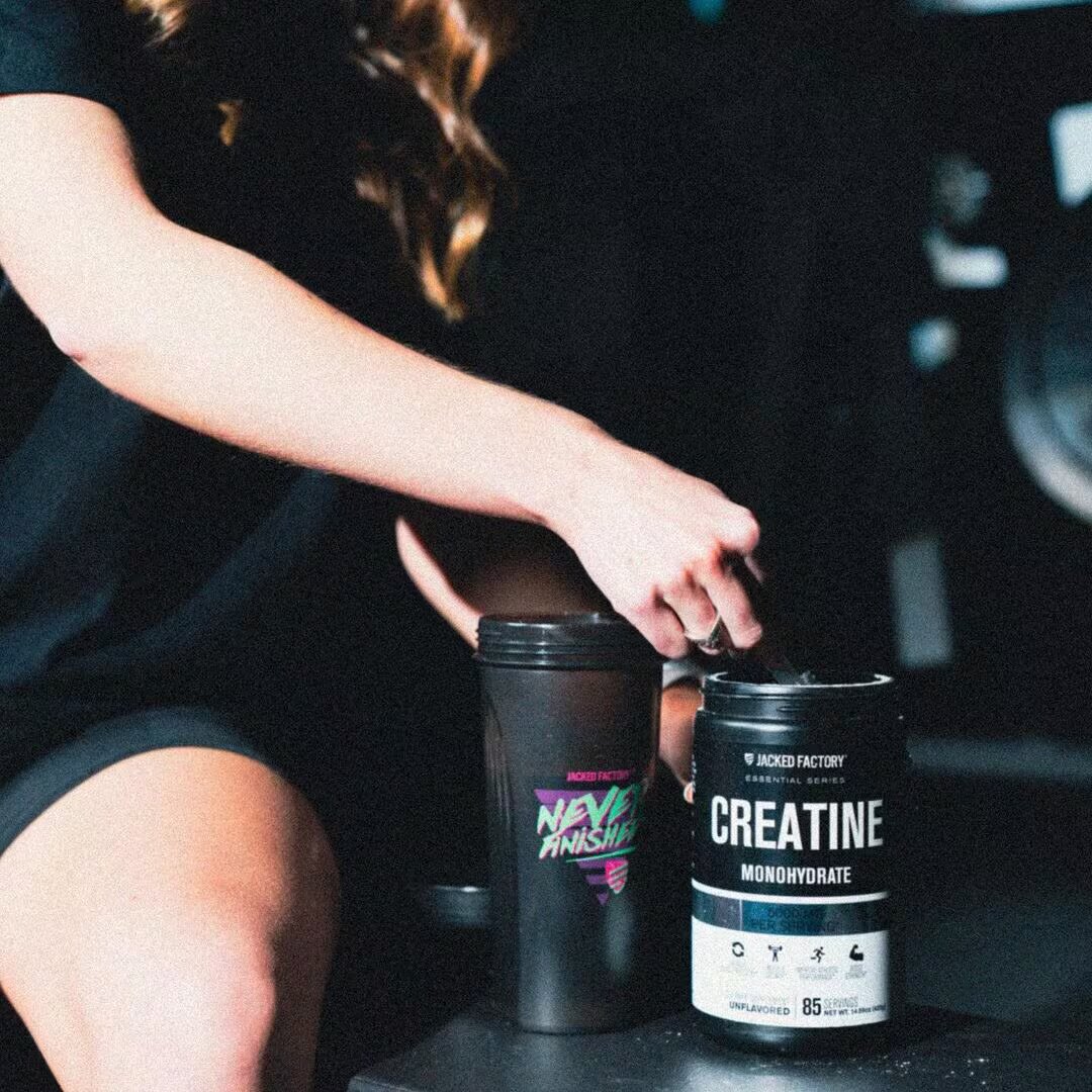 athlete woman making jacked factory creatine shake