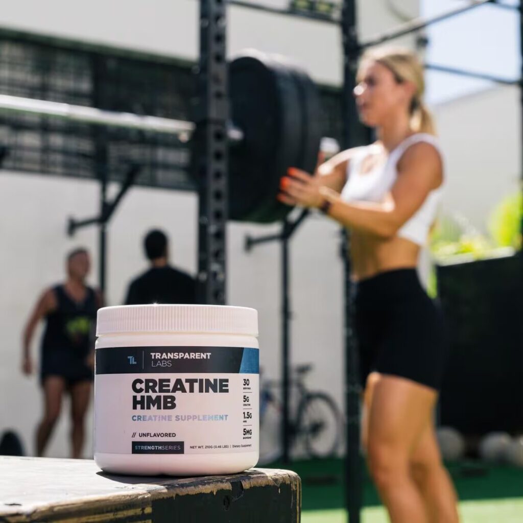 transparent creatine hmb on a table in gym